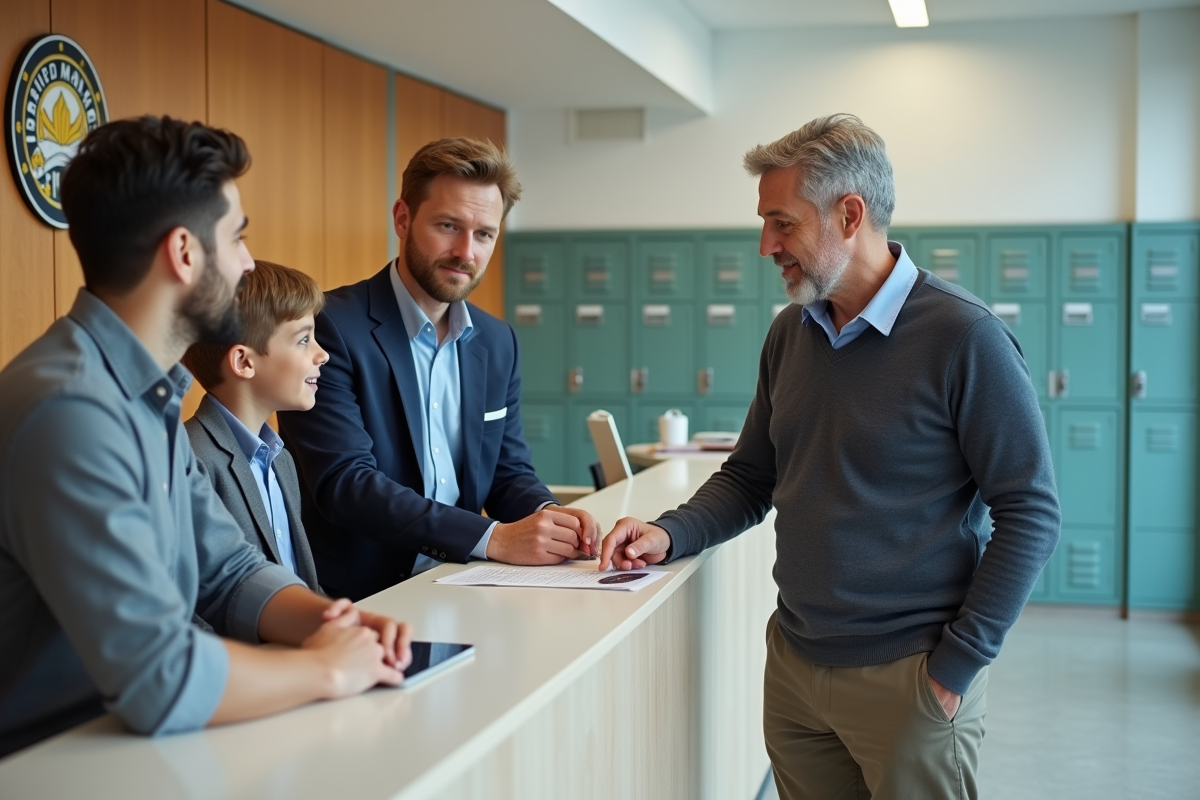 Agent scolaire donnant un flyer à un père et son enfant