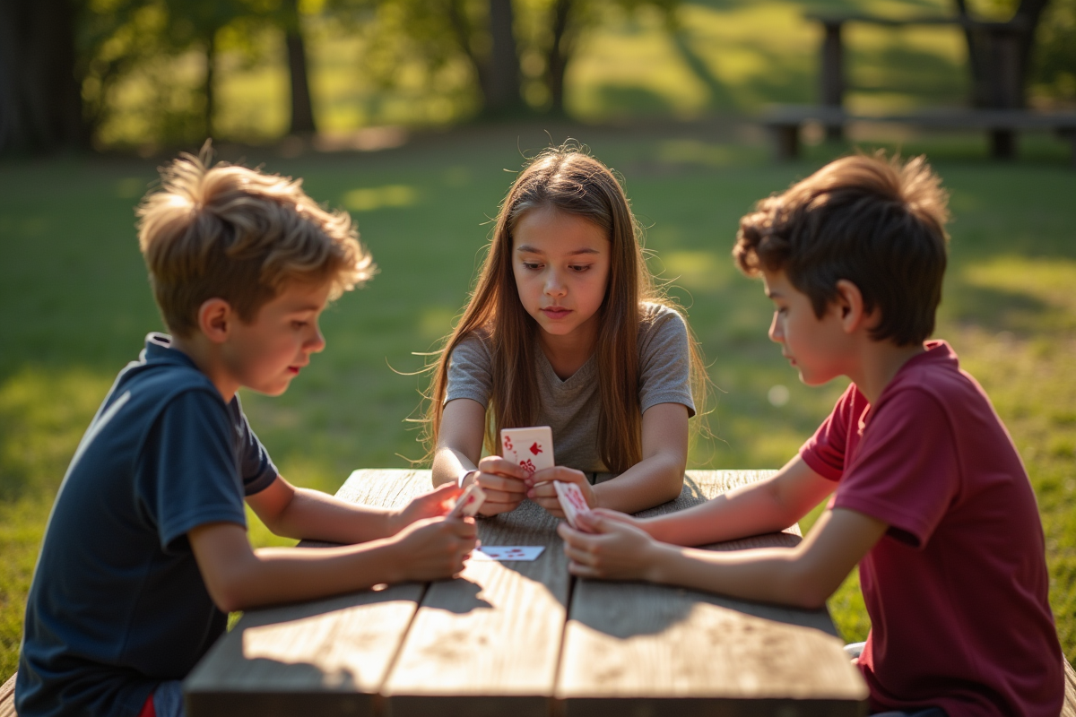 Trois adolescents jouant aux cartes en plein air