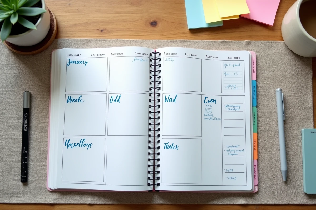 Agenda scolaire ouvert avec annotations manuscrites des semaines paires et impaires du calendrier 2026