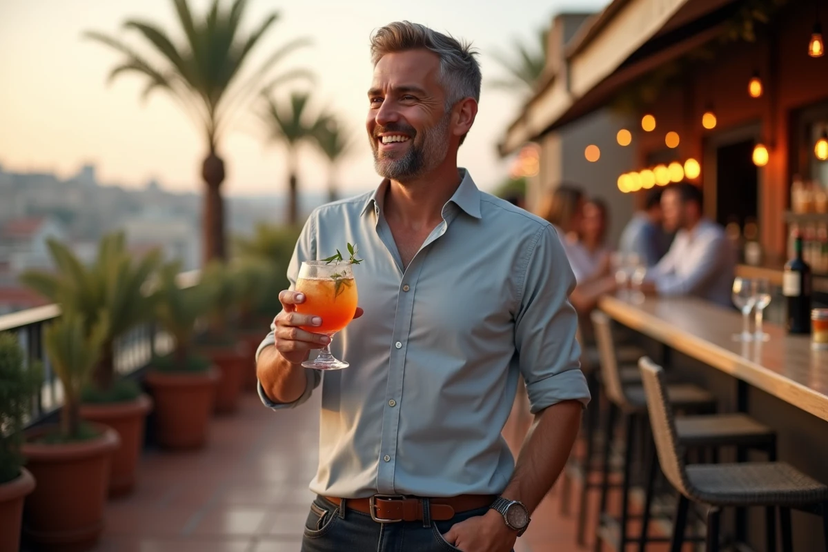 Homme adulte souriant tenant un cocktail lors d'une fête d'anniversaire en plein air sur un rooftop avec vue urbaine