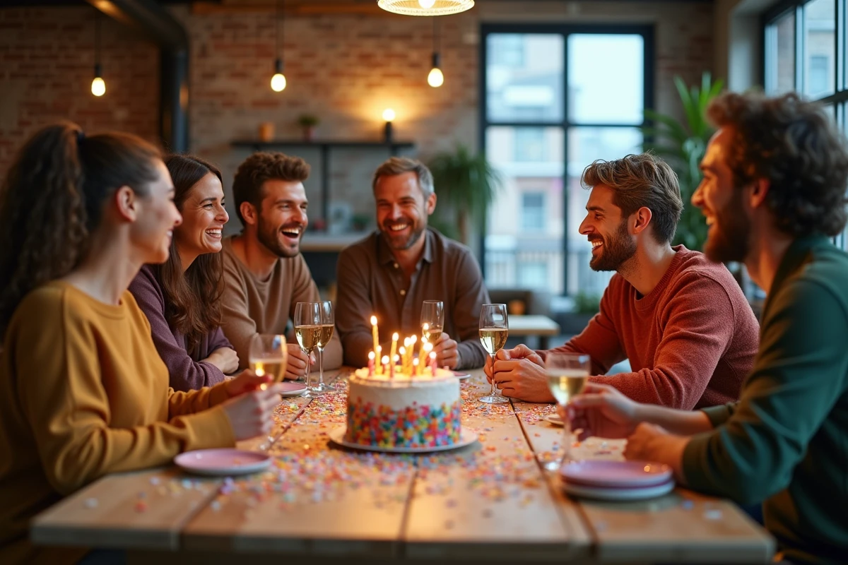 Groupe d'adultes fêtant un anniversaire autour d'une grande table décorée dans un loft urbain avec champagne et gâteau