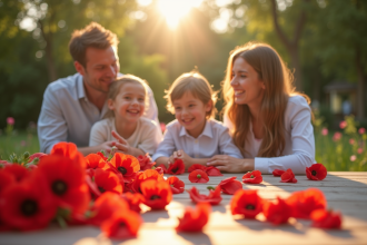 Famille heureuse célébrant leur anniversaire dans un jardin ensoleille avec des coquelicots