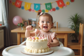 Fille souriante en robe pastel devant gâteau anniversaire