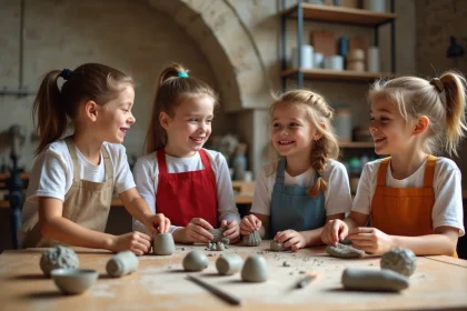 Groupe d'enfants de 7 à 11 ans faisant un atelier poterie dans un atelier parisien pour un anniversaire original
