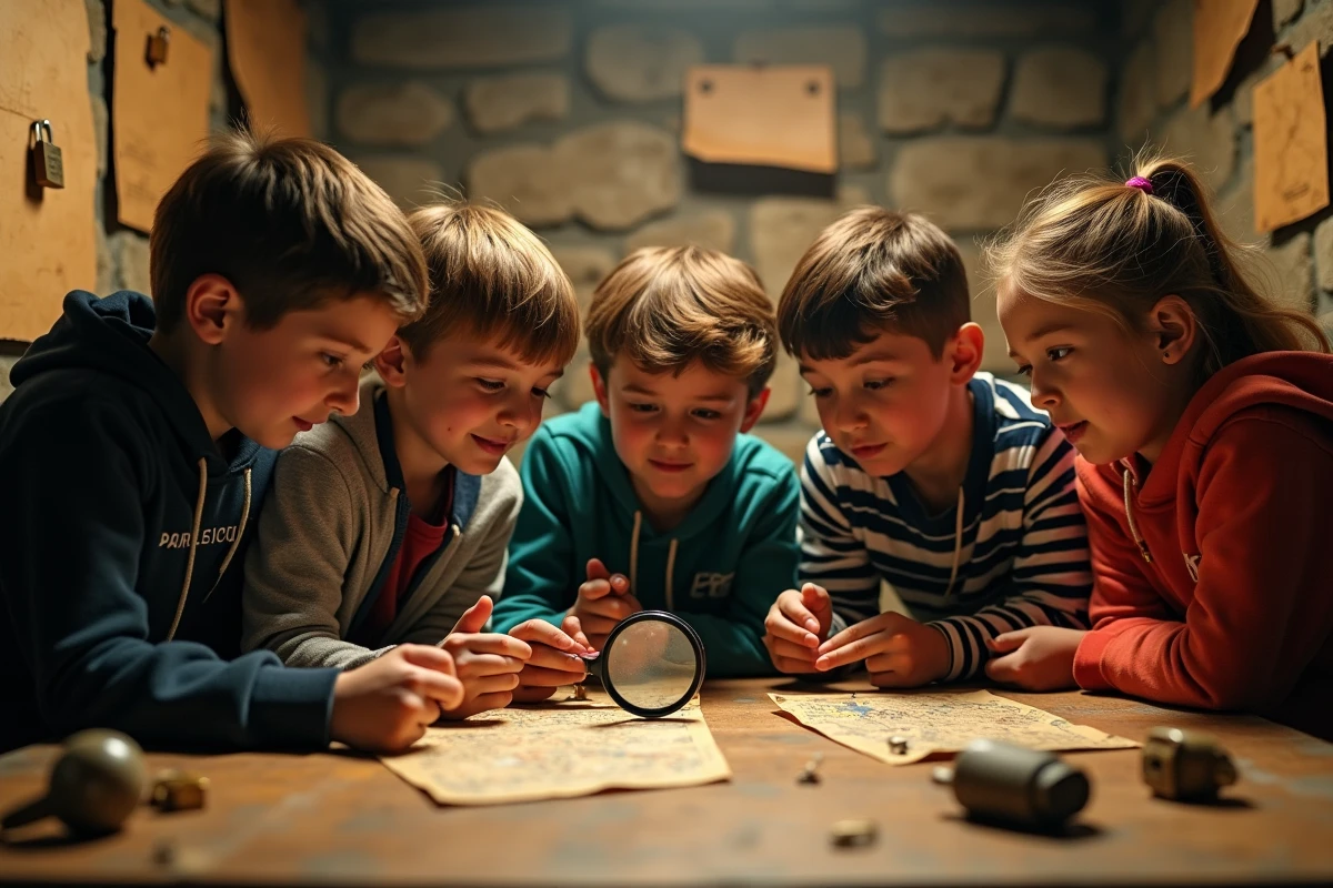 Enfants jouant dans un escape room pour un anniversaire à Paris, ambiance aventure et énigmes