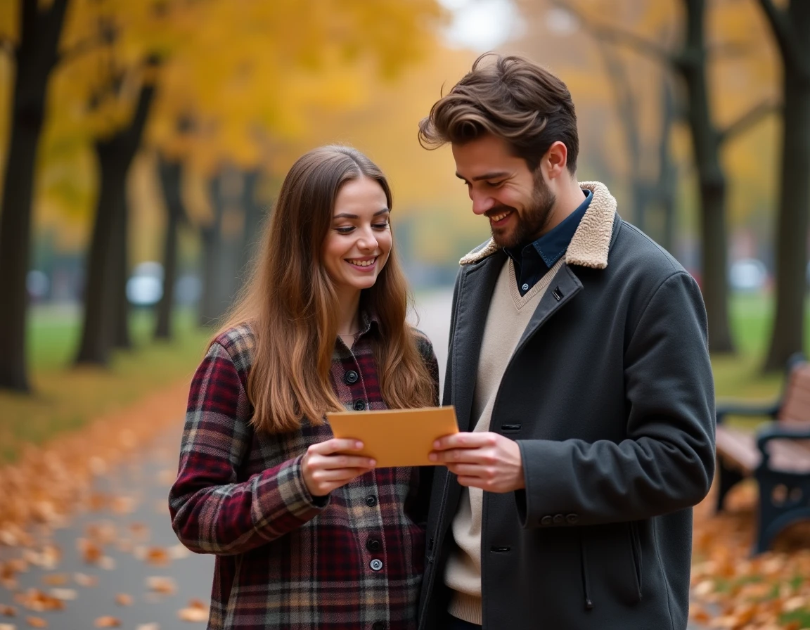 Couple dans un parc en automne, femme annonçant sa grossesse à son compagnon avec un message manuscrit, expression de joie et surprise