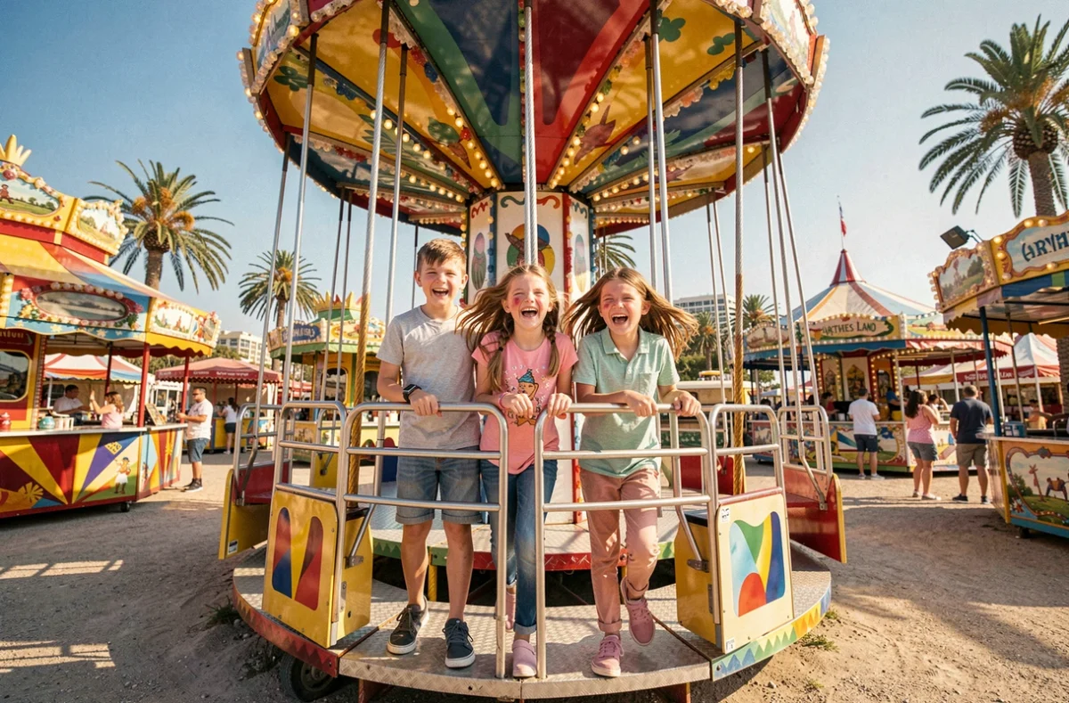 Famille riant en sortant d'un manège coloré au parc de loisirs Antibes Land sur la Côte d'Azur