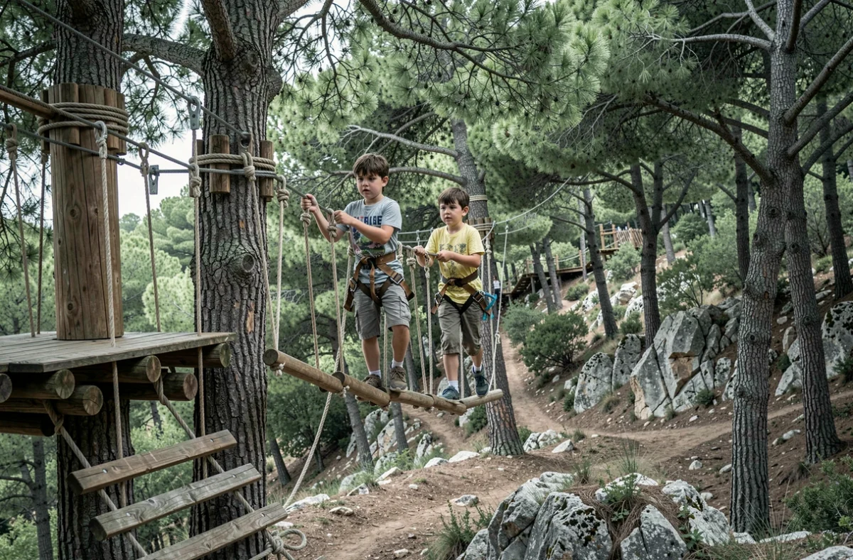 Deux garçons progressant sur un parcours de cordes naturel en forêt à L'Aoubre l'aventure nature dans le Var