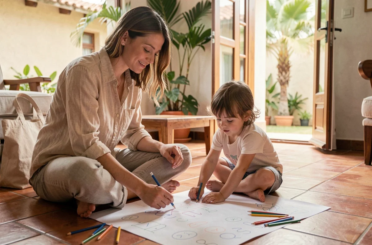 Mère aidant sa petite fille à apprendre à dessiner et tracer des lettres pendant un voyage longue durée à l'étranger