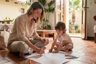 Mère aidant sa petite fille à apprendre à dessiner et tracer des lettres pendant un voyage longue durée à l'étranger