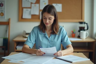 Auxiliaire de puériculture en salle de pause qui examine ses fiches de paie et calcule ses heures supplémentaires dans une crèche