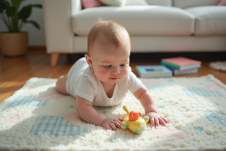 Bébé garçon de 4 mois joue avec un jouet coloré dans un salon chaleureux