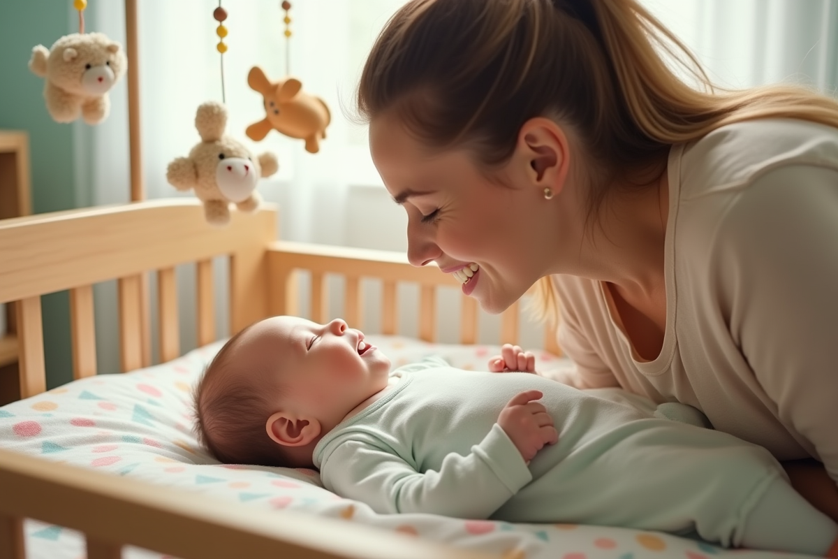 Bebe dans son lit avec sa maman dans une nurserie lumineuse