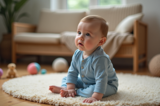 Bébé garçon curieux en tenue bleue sur tapis beige
