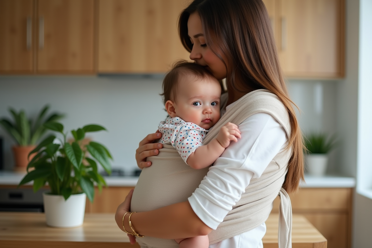 Bébé fille de 4 mois dans un porte-bébé avec sa mère dans la cuisine lumineuse