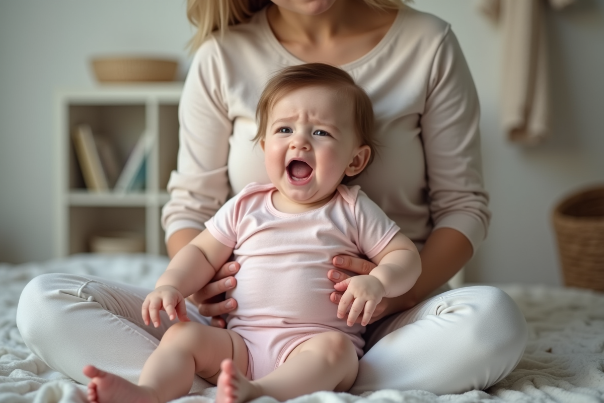 Bébé fille souriante sur genoux de sa maman dans la nurserie