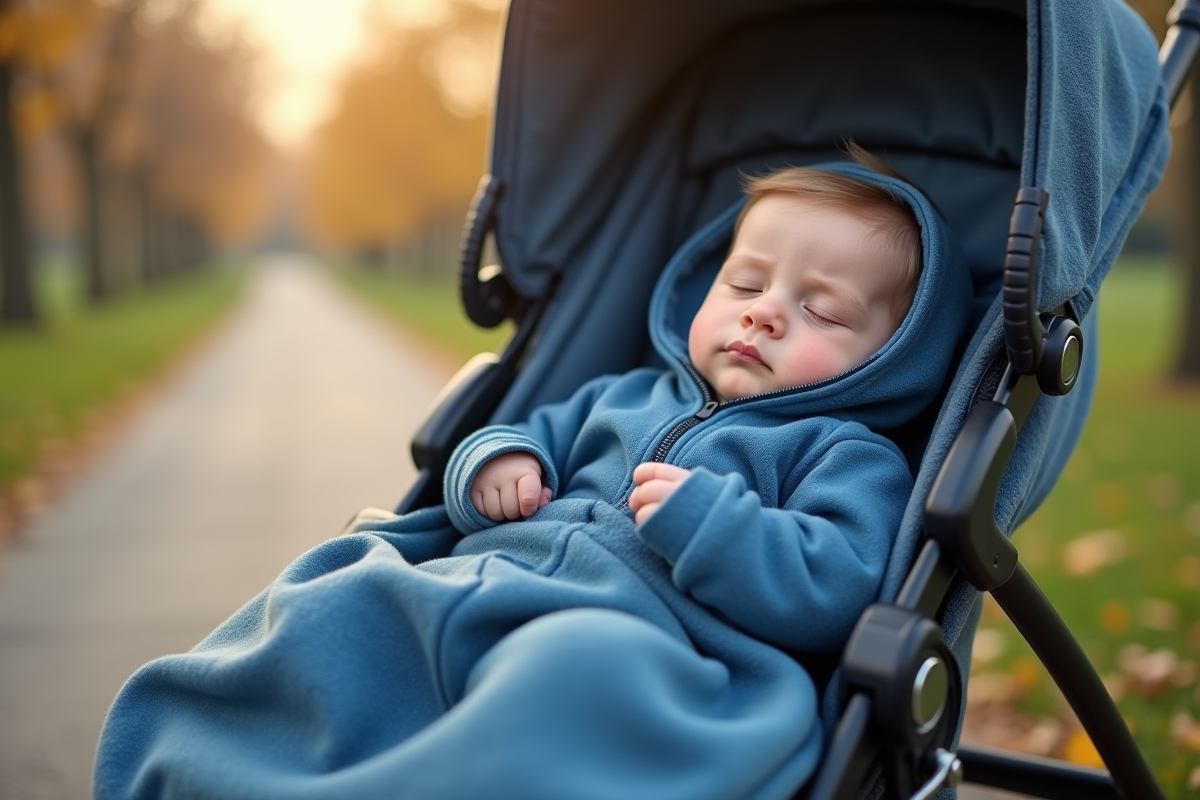 Bebe garçon endormi dans une poussette en plein parc