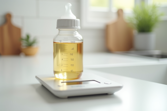 Biberon de bébé avec liquide sur plan de cuisine blanc