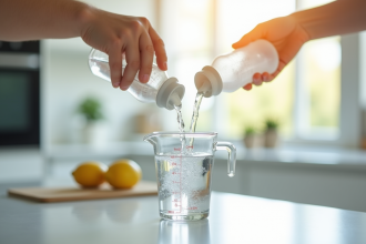 Biberon pour bébé rempli d'eau dans une cuisine lumineuse