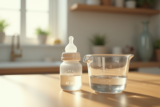 Biberon de 40 ml avec tasse de mesure sur table en bois
