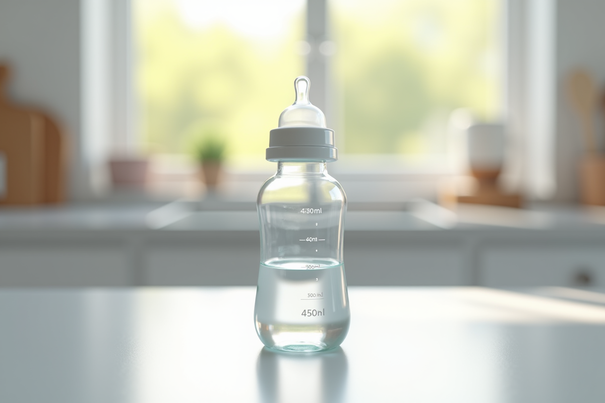 Biberon de bébé sur plan de travail blanc lumineux