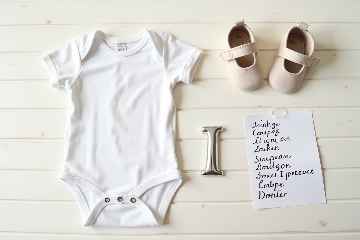 Body de bébé et petites chaussures sur une table en bois avec liste de noms