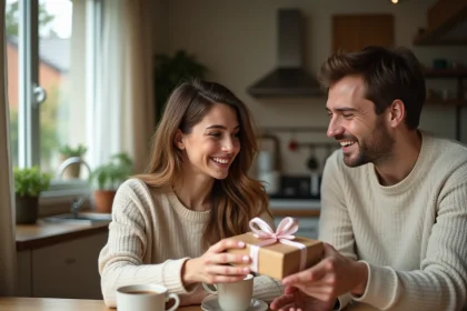 Femme enceinte offrant un cadeau surprise à son conjoint pour annoncer la grossesse, scène intimiste dans une cuisine moderne