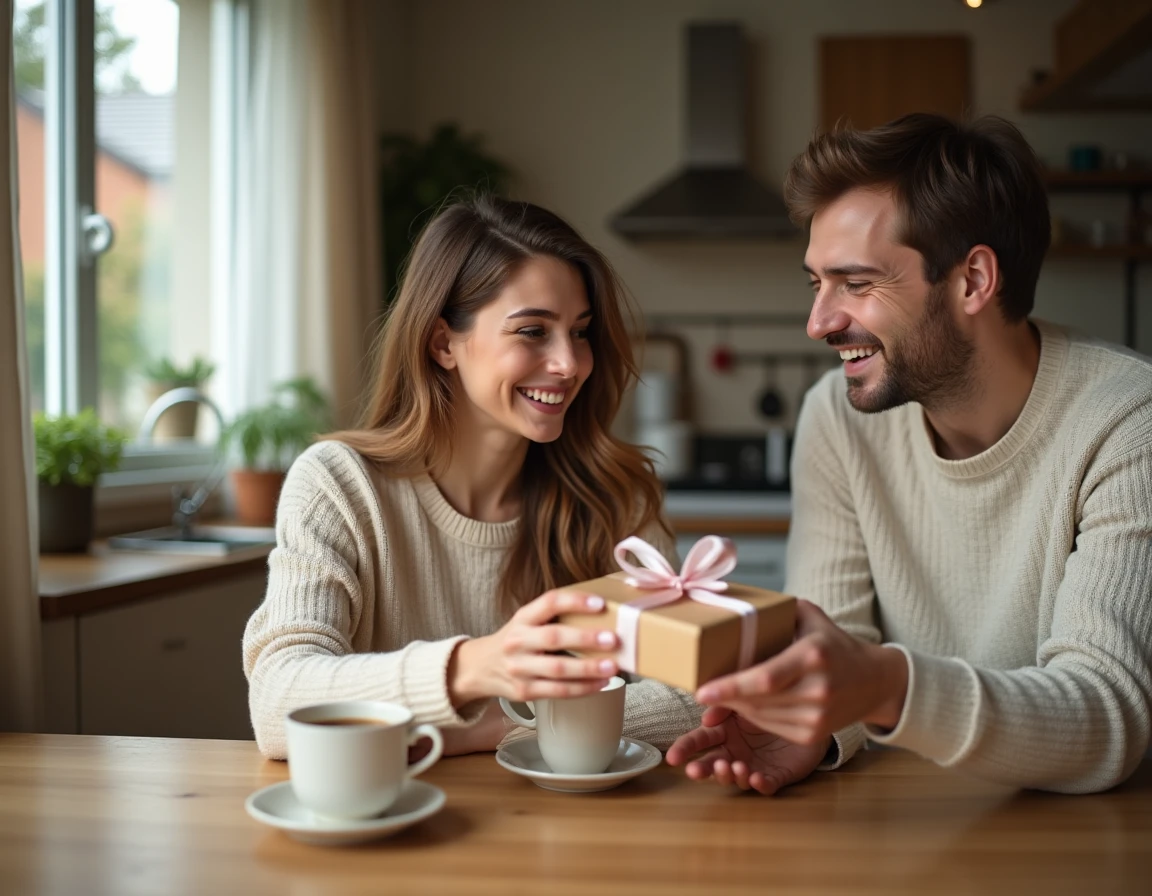 Femme enceinte offrant un cadeau surprise à son conjoint pour annoncer la grossesse, scène intimiste dans une cuisine moderne
