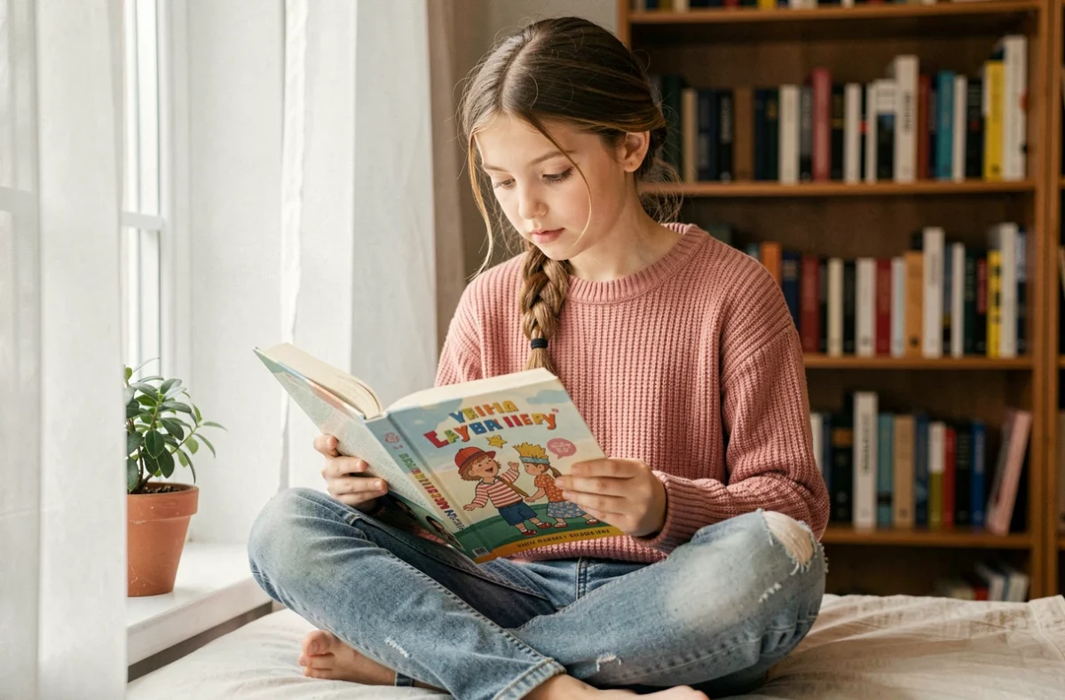 Jeune fille de 12 ans lisant un livre sur un banc de fenêtre confortable dans sa chambre entourée de livres