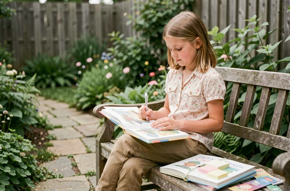 Jeune fille de 12 ans écrivant dans un journal illustré entourée de livres et accessoires de lecture dans un jardin