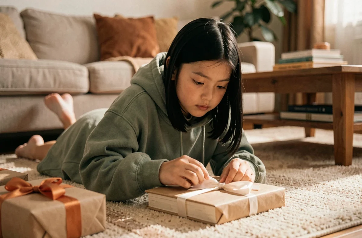 Fille de 12 ans découvrant des livres emballés comme cadeaux dans un salon chaleureux