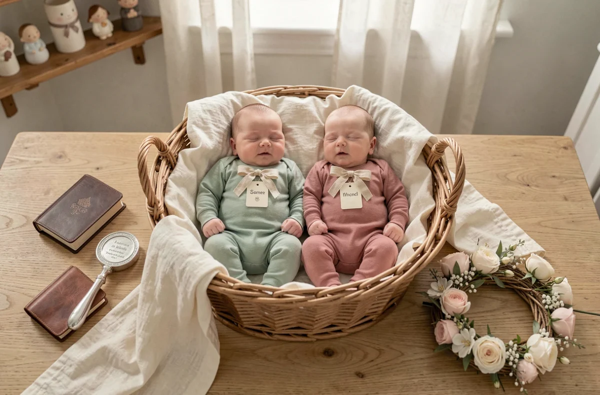 Deux bébés jumeaux dans un panier en osier entourés de cadeaux de baptême personnalisés et originaux