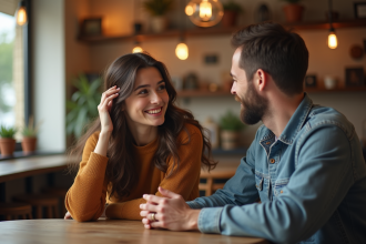 Jeune femme et homme dans un café chaleureux