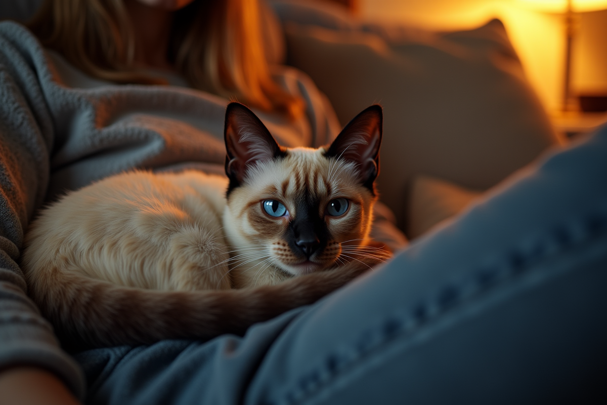 Chat siamese mix sur les genoux d’un adolescent lors d’une soirée cosy
