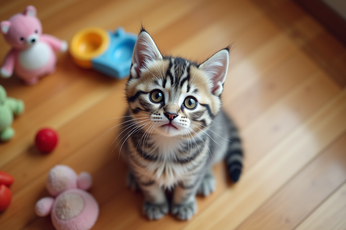 Chaton gris et blanc assis sur le sol avec jouets