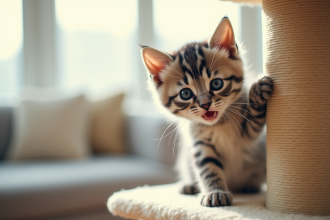 Chaton gris et blanc grimpe un arbre à chat ensoleillé