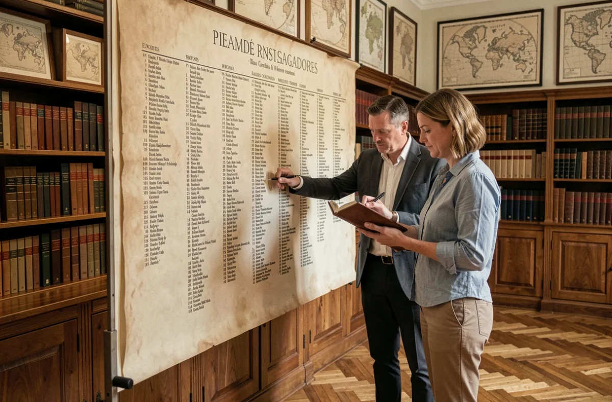 Deux chercheurs étudiant un arbre généalogique affiché dans un institut de recherche historique français