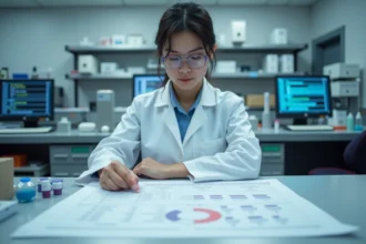 Chercheuse analysant un graphique génomique sur une table de laboratoire, illustrant les études sur la consanguinité en France