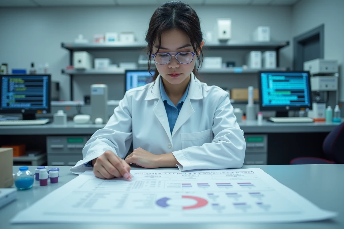 Chercheuse analysant un graphique génomique sur une table de laboratoire, illustrant les études sur la consanguinité en France
