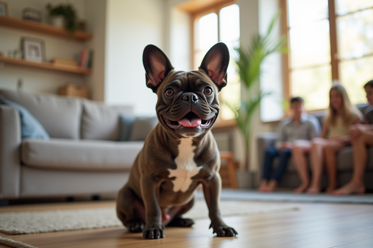 Bouledogue français brindle dans un salon lumineux avec famille