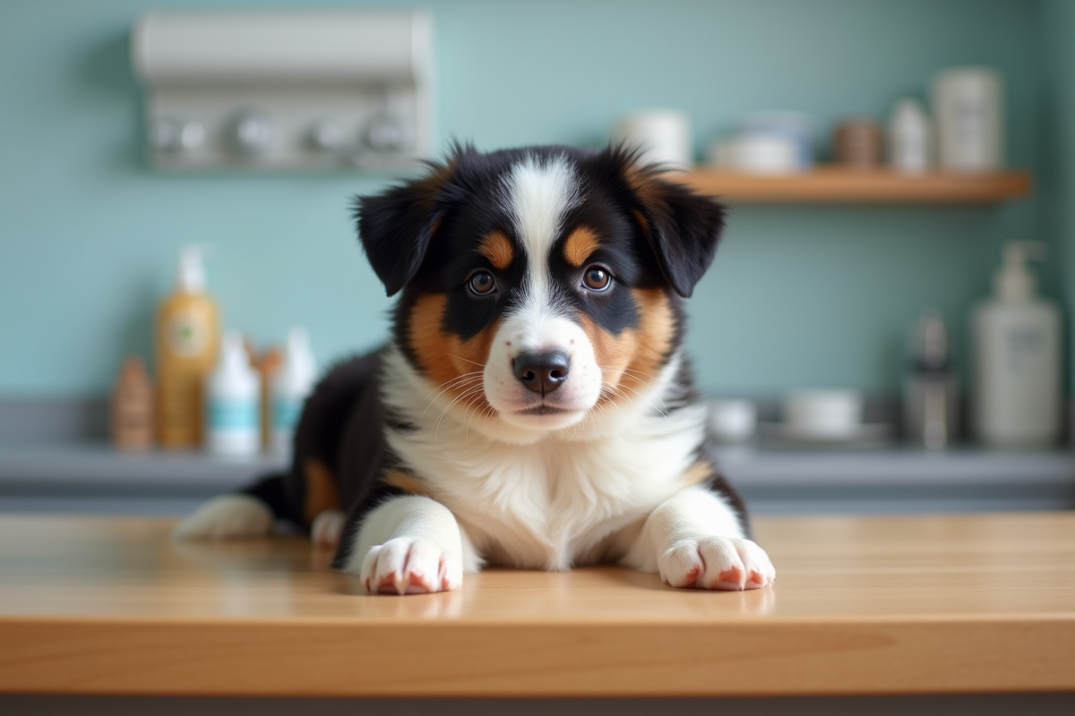 Chiot australian shepherd sur une table chez le vétérinaire