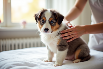 Chiot australian shepherd en train de recevoir un soin