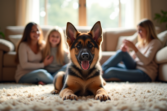 Chiot berger allemand dans un salon chaleureux avec famille