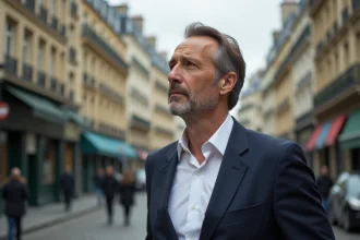 Homme élégant en veste marine devant une rue parisienne, évoquant la discrétion d'une personnalité publique