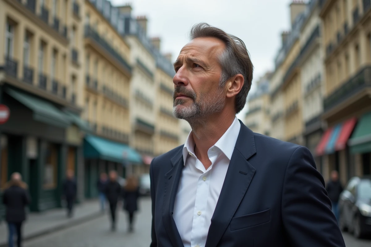 Homme élégant en veste marine devant une rue parisienne, évoquant la discrétion d'une personnalité publique