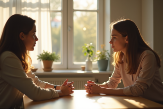 Parent inquiet et fille adolescente en discussion à la cuisine