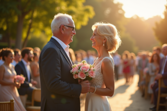 Couple senior souriant lors d'une celebration d anniversaire en plein air