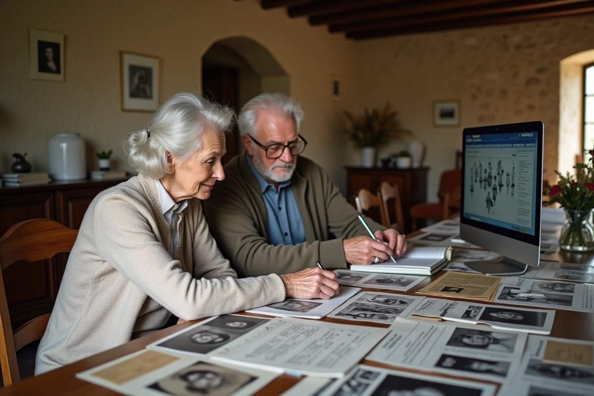 Couple de personnes âgées examinant des archives familiales et des photographies anciennes devant un ordinateur affichant un site de généalogie, dans une maison de campagne française