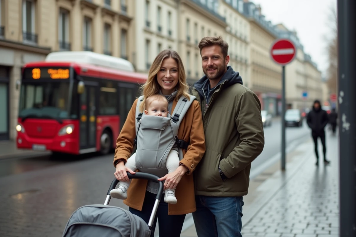 Couple pliant une poussette à un arrêt de bus parisien avec leur bébé d'un an en porte-bébé ventral