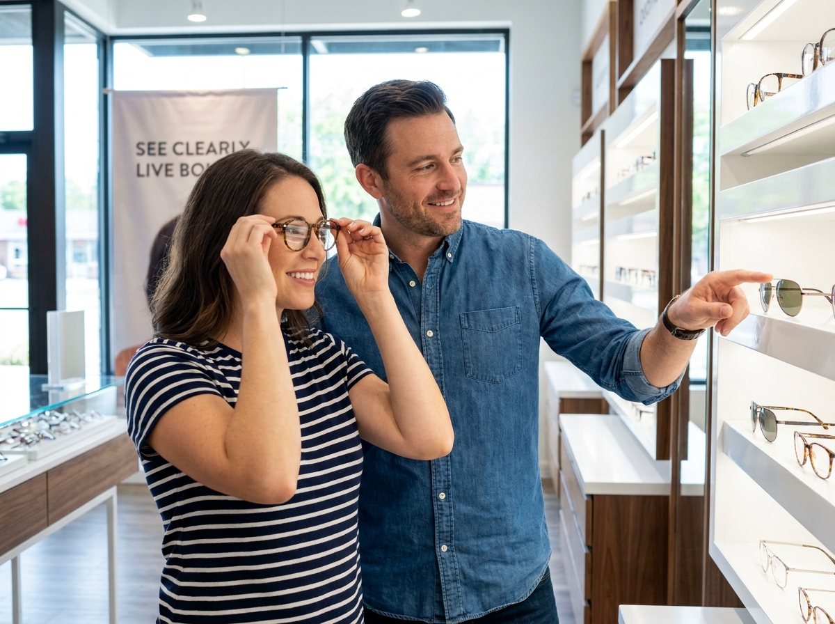 Couple choisissant des lunettes de soleil en boutique d'optique pour bénéficier de l'offre deuxième paire gratuite